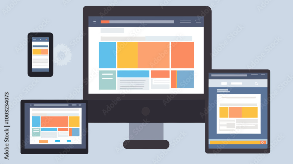 Responsive Web Design Illustration Showcasing Development and Page Construction on Multiple Devices Including Desktop, Tablet, and Mobile for Modern, Adaptive, and Professional Website Layouts Responsive Web Design Illustration Showcasing Development and Page Construction on Multiple Devices Including Desktop, Tablet, and Mobile for Modern, Adaptive, and Professional Website Layouts