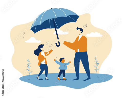 Family Financial Protection Life Insurance Illustration with Parents and Children Under Umbrella Cover in Flat Minimalist Vector Style