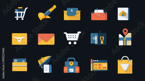 E-commerce Business Icons Set, Online Shopping, Digital Marketing, Delivery, Vector Illustration for Websites and Applications, Flat Design Elements, Retail and Merchandising Symbols