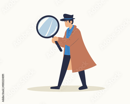 Detective Searching with Magnifying Glass - Investigation, Research, Discovery Concept in Flat Minimalist SVG Vector Style