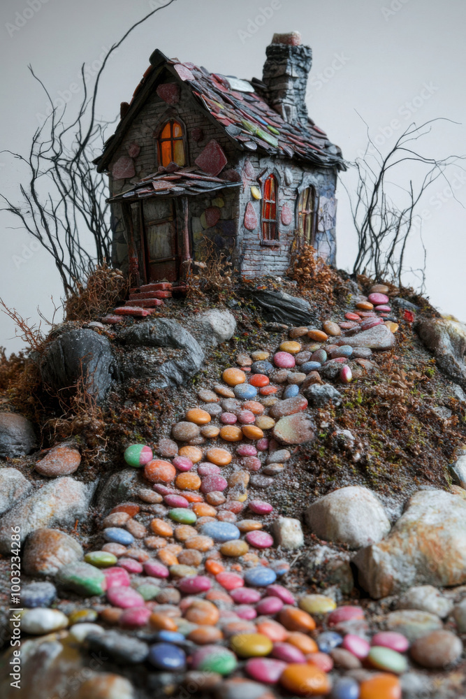 Obraz premium Whimsical miniature house with glowing windows perched on a hill, with a colorful cobblestone path leading up to it, surrounded by barren trees.