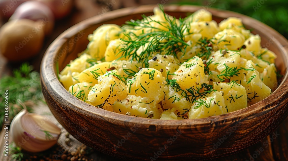 Close-up, Homemade Potato Salad with Fresh Dill and Garlic. Delicious, Rustic Food Photography. Close-up, Homemade Potato Salad with Fresh Dill and Garlic. Delicious, Rustic Food Photography.