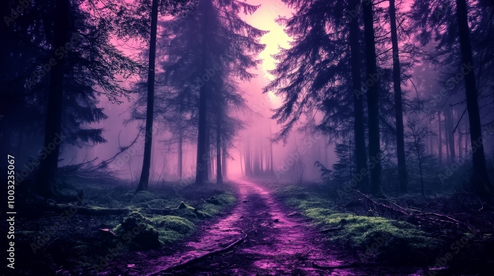 Obraz premium The fog in the forest at night HD 8K wallpaper Stock Photograph