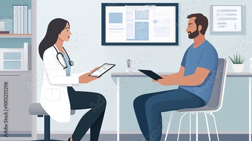 A doctor and patient in a private consultation room, with the doctor reviewing medical records on a tablet while the patient discusses health concerns