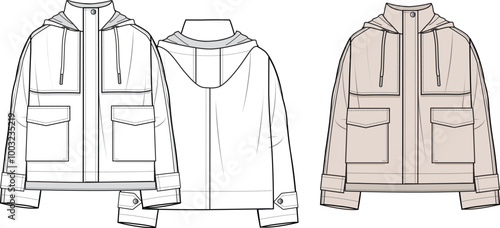 Unisex Hooded Coat. Coat technical fashion illustration. Front and back, white and cream colour. Unisex CAD mock-