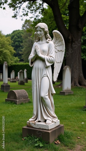 Statue of an Angel Praying at Cemetery photo