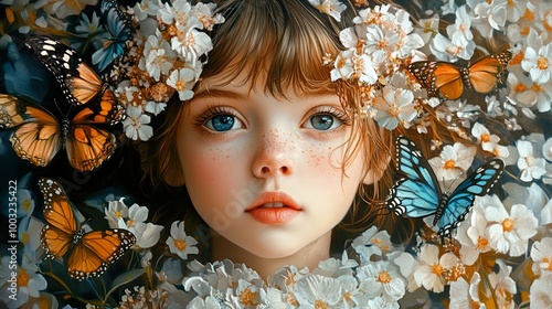 Enchanted Portrait: A Girl Adorned with Butterflies and Flowers photo