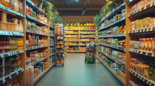 Organized Supermarket Aisle with Fresh Produce and Grocery Items