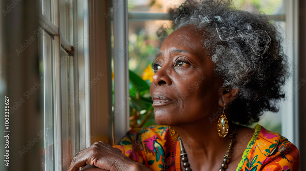 Thoughtful elderly woman looking out the window at home Thoughtful elderly woman looking out the window at home