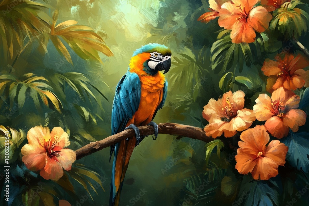 Obraz premium Banana palms, lush foliage, and colorful tropical birds feature in this jungle wallpaper.