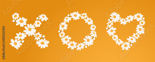 signs xo and hearts laid out from chamomile flowers. logos kiss hug love from white flowers on a bright background. Use to express feelings of care, interest, flirt For posters, greetings, messages