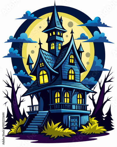 A spooky house with multiple towers  trees and flying bats