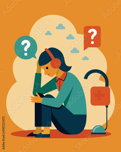 A person in the midst of a mental health crisis turns to the economic crisis hotline for support and advice on managing their financial situation.. Vector illustration
