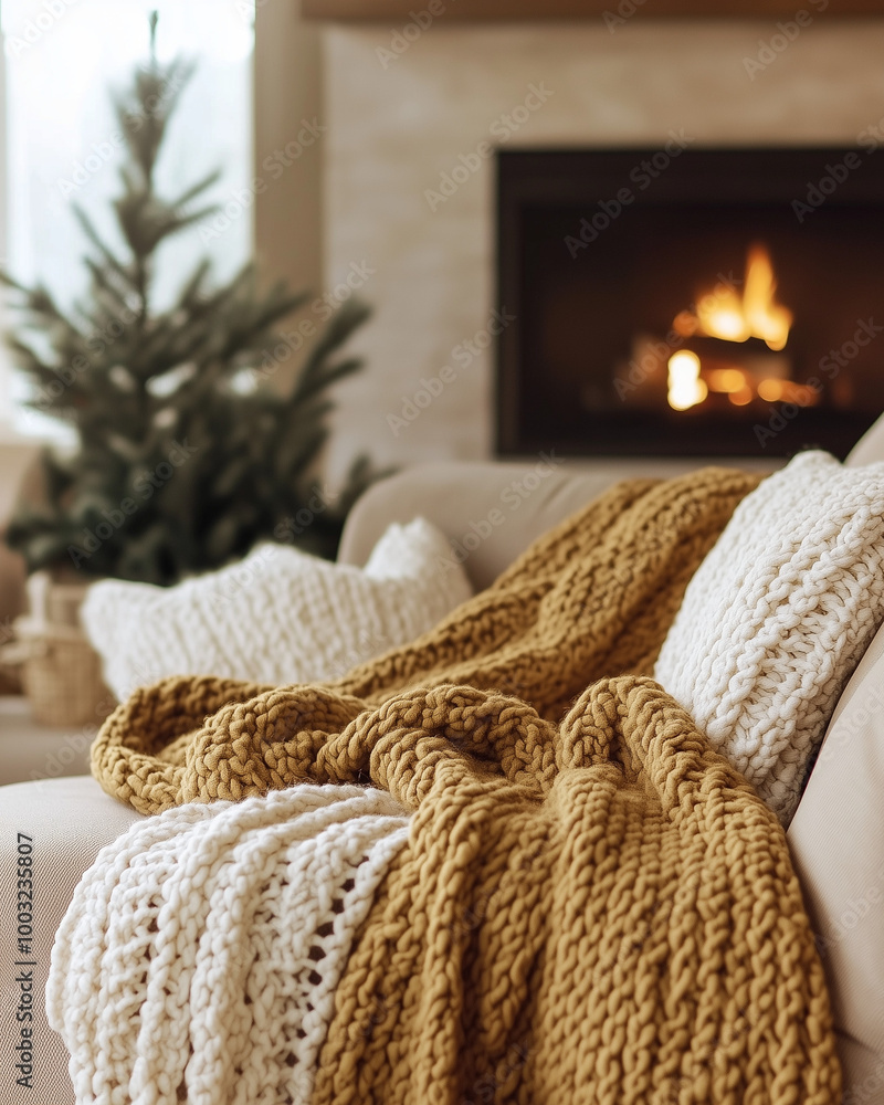 Knitted blanket on armchair by fireplace in cozy living room Knitted blanket on armchair by fireplace in cozy living room