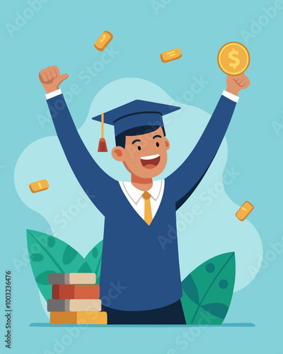 A person happily celebrates paying off their student loans now able to put that money towards their savings and investments as they strive towards financial independence.. Vector illustration