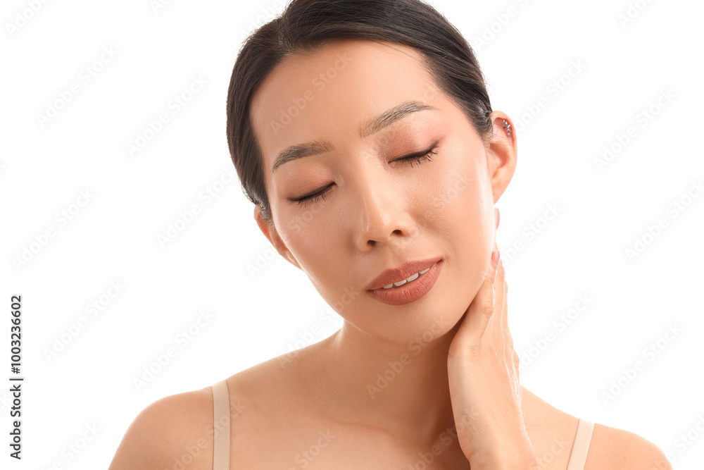 Beautiful Asian woman on white background, closeup Beautiful Asian woman on white background, closeup