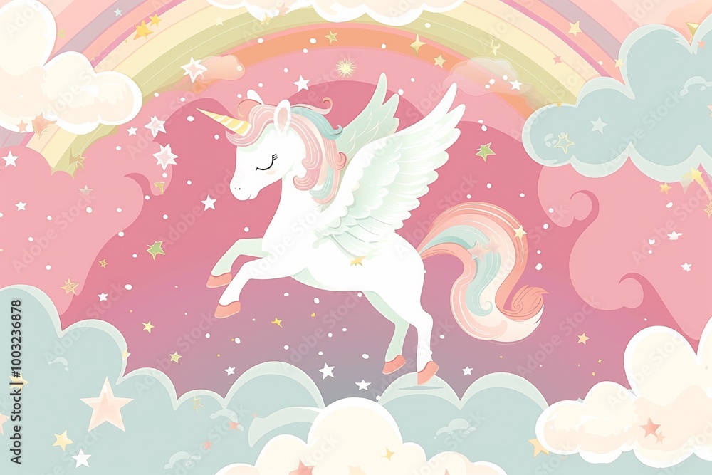 A unicorn is walking through the clouds in a pink sky A unicorn is walking through the clouds in a pink sky
