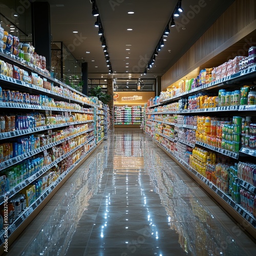 Organized Supermarket Aisle with Fresh Produce and Grocery Items