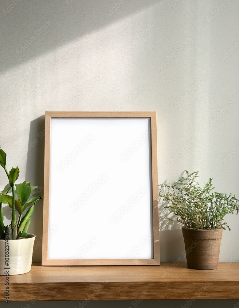 Blank frame on shelf with plants Blank frame on shelf with plants