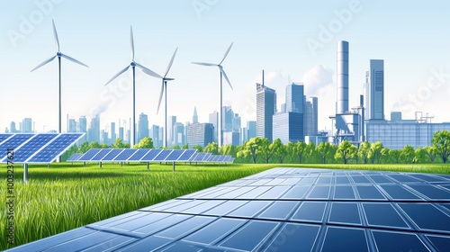 Renewable Energy Landscape with Solar Panels and Wind Turbines Powering a Modern Cityscape