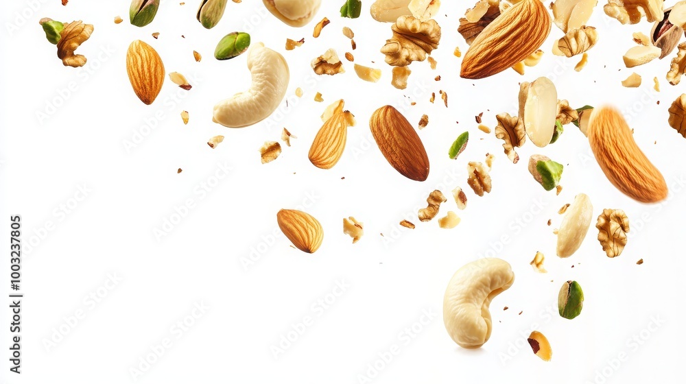 Assorted nuts, including pistachios, almonds, walnuts, and cashews, falling against a white background. Assorted nuts, including pistachios, almonds, walnuts, and cashews, falling against a white background.
