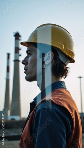 Worker with hard hat set against backdrop of industrial refinery towers double exposure photo