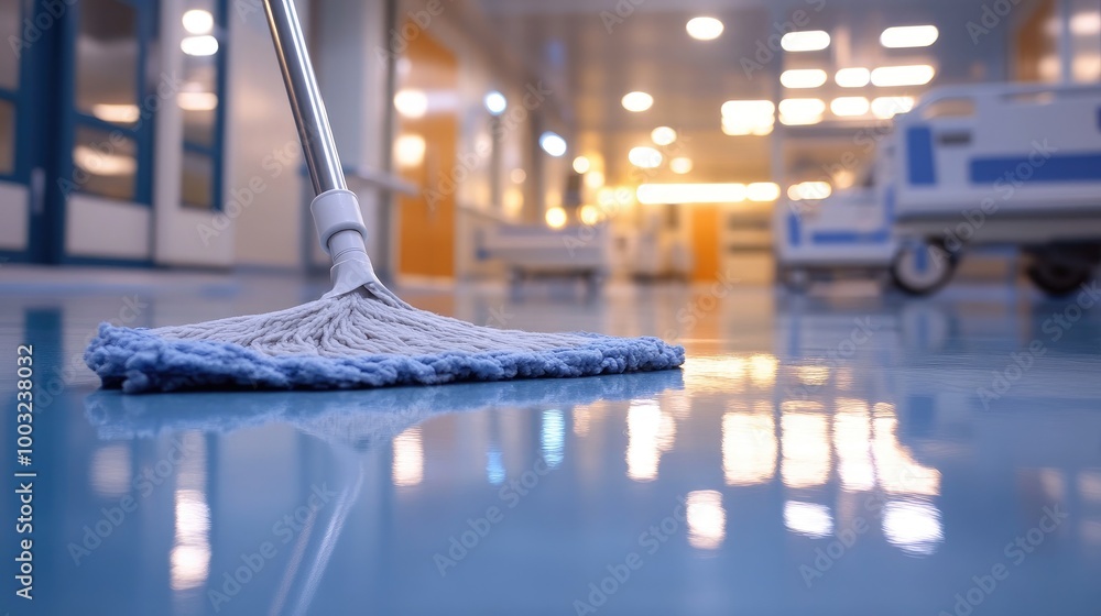 Clean and Shiny Hospital Corridor with Mop and Reflections on Polished Floor Clean and Shiny Hospital Corridor with Mop and Reflections on Polished Floor