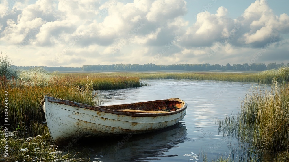 Tranquil Lake with a Small Boat and Lush Grass Tranquil Lake with a Small Boat and Lush Grass