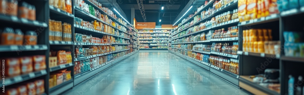 Organized Supermarket Aisle with Fresh Produce and Grocery Items Organized Supermarket Aisle with Fresh Produce and Grocery Items