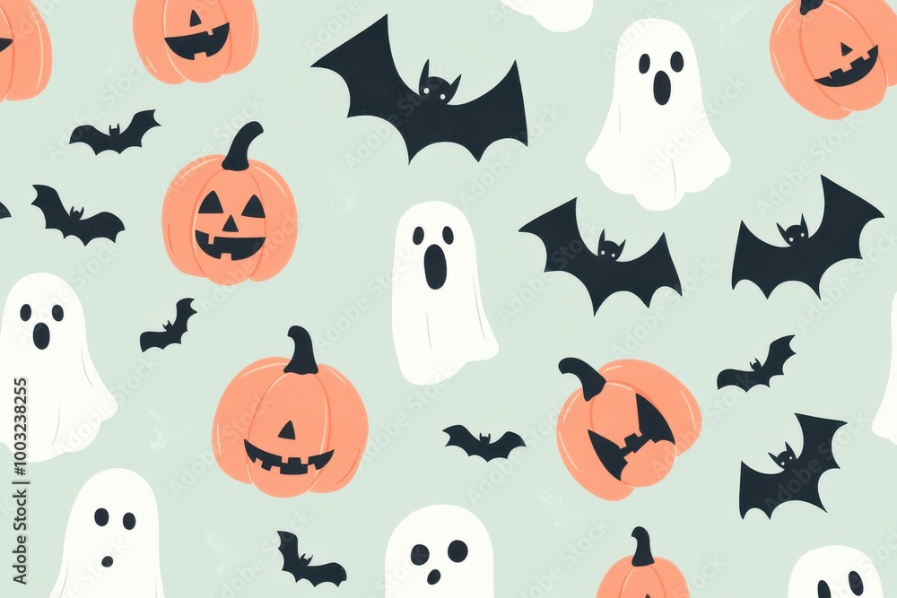 Naklejka premium A Halloween themed drawing of bats, ghosts, and pumpkins