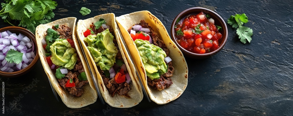 Delicious Beef Tacos with Guacamole and Salsa on Rustic Dark Background Delicious Beef Tacos with Guacamole and Salsa on Rustic Dark Background