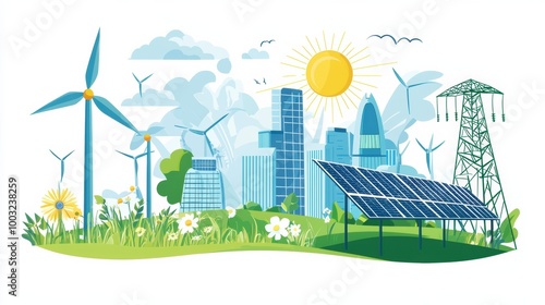 Renewable Energy Cityscape with Windmills Solar Panels and Sustainable Urban Architecture