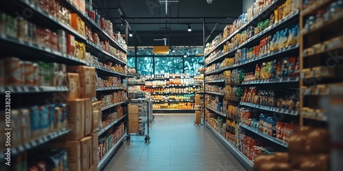 Organized Supermarket Aisle with Fresh Produce and Grocery Items