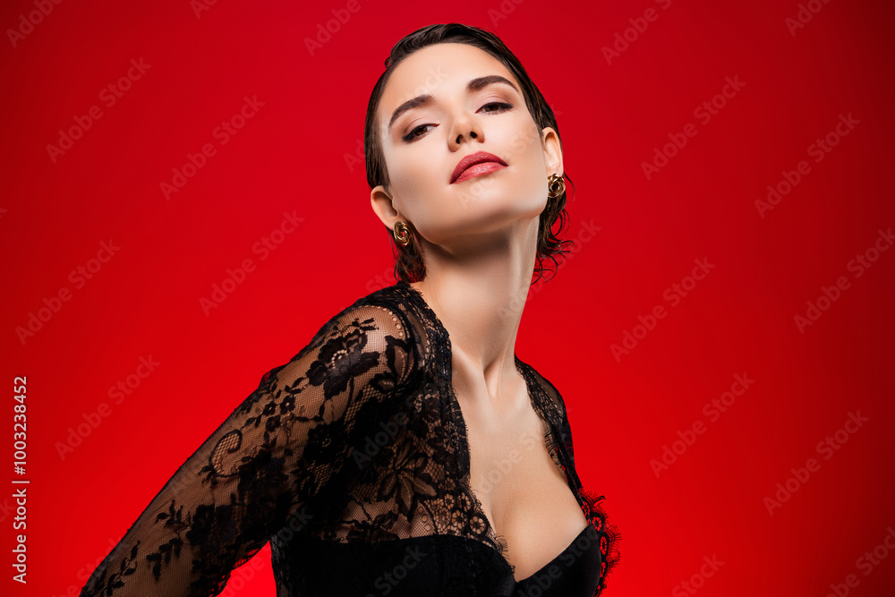 Photo of gorgeous sexy young girl sensual posing dancer dressed black dress halloween vip party red color background Photo of gorgeous sexy young girl sensual posing dancer dressed black dress halloween vip party red color background