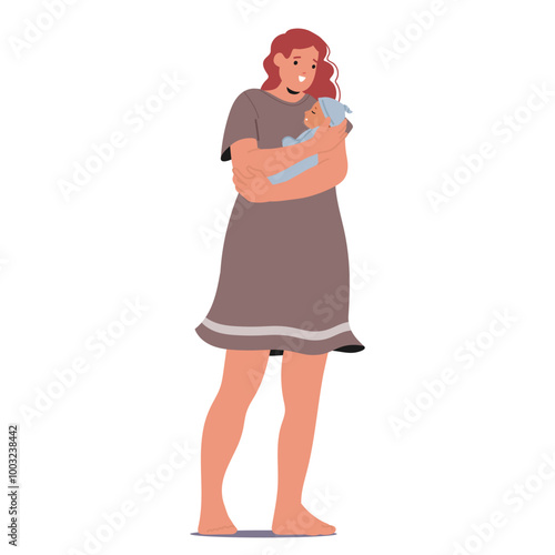 Joyful Mother Character Holding Her Newborn Baby While Smiling Happily. Cartoon Vector Image Captures The Beautiful Bond