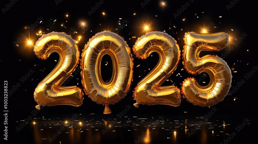 Golden 2025 Balloon Numbers with Sparkling Lights and Confetti on Black Background Golden 2025 Balloon Numbers with Sparkling Lights and Confetti on Black Background