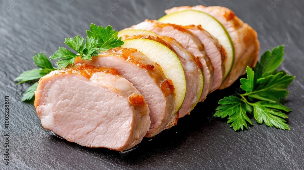 A close up of a piece of meat with apples and parsley, AI A close up of a piece of meat with apples and parsley, AI