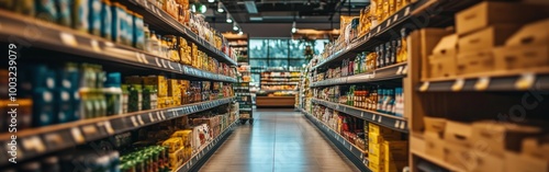 Organized Supermarket Aisle with Fresh Produce and Grocery Items