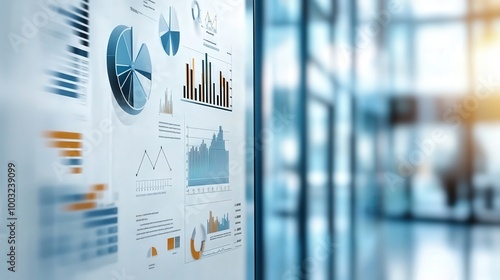 white board on wall showing financial data analysis with line, bar charts and graphs, office background blur