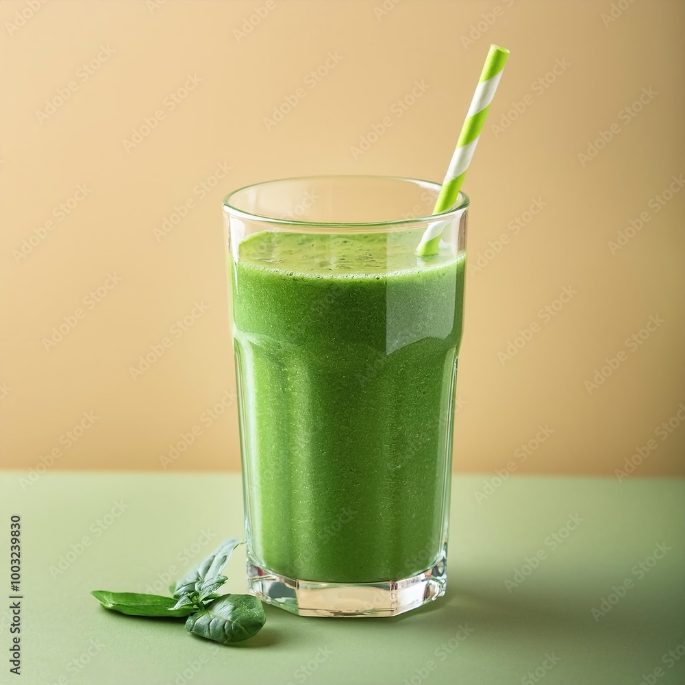 Green smoothie in a glass on a pastel background Green smoothie in a glass on a pastel background