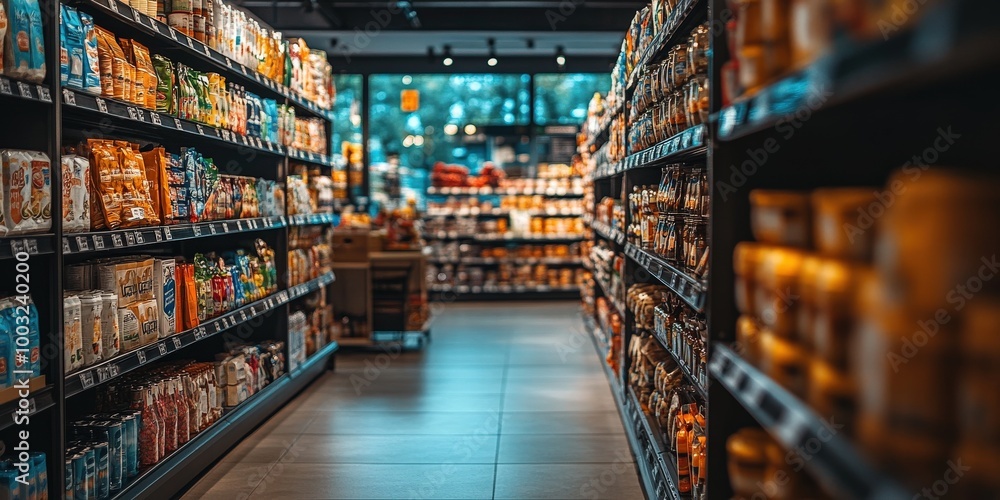 Organized Supermarket Aisle with Fresh Produce and Grocery Items Organized Supermarket Aisle with Fresh Produce and Grocery Items