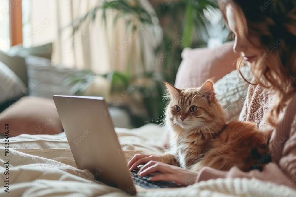 Fototapeta premium A woman is sitting on a couch with a cat on her lap while using a laptop