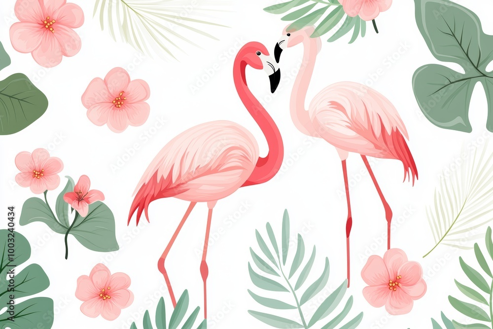 Obraz premium Exotic jungle wallpaper with vintage pink flamingos, pink hibiscus, and palm leaves. Primitive vintage pink flamingos, pink hibiscus, palm leaves seamless pattern.