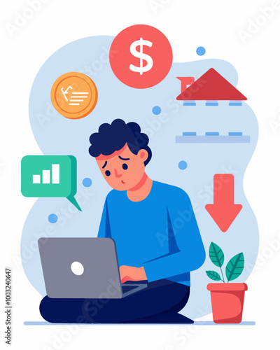 A person checking their online banking and seeing that their savings balance is dwindling despite not making any withdrawals due to the effects of inflation.. Vector illustration