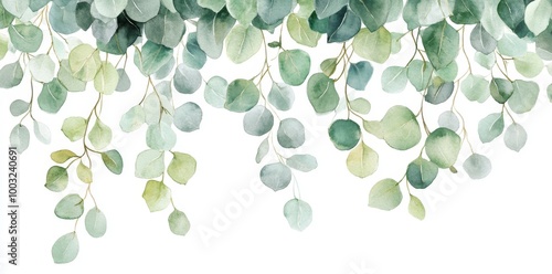 An illustration with green leaves and branches in watercolor, suitable for wedding stationary, greetings, wallpapers, fashion, backgrounds, textures, DIY, wrappers, cards, and packaging.