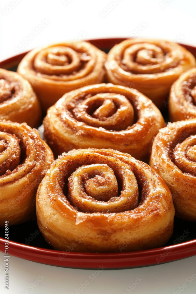 A plate of freshly-baked cinnamon rolls with a golden-brown finish and a glossy glaze, arranged in a circular pattern. A plate of freshly-baked cinnamon rolls with a golden-brown finish and a glossy glaze, arranged in a circular pattern.
