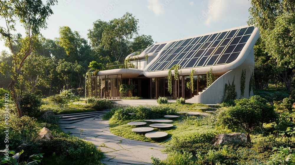 A detailed 3D rendering of a futuristic home exterior with solar panels, clean lines, and sustainable design elements A detailed 3D rendering of a futuristic home exterior with solar panels, clean lines, and sustainable design elements