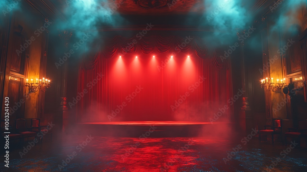 Fototapeta premium Empty stage with red lights and smoke, background for concert performance, musical show, theatrical play, event, party