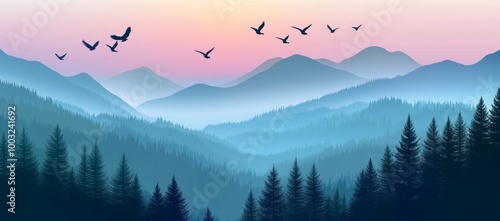 Modern illustration of a forest with a skyline, sunset, and flying birds.