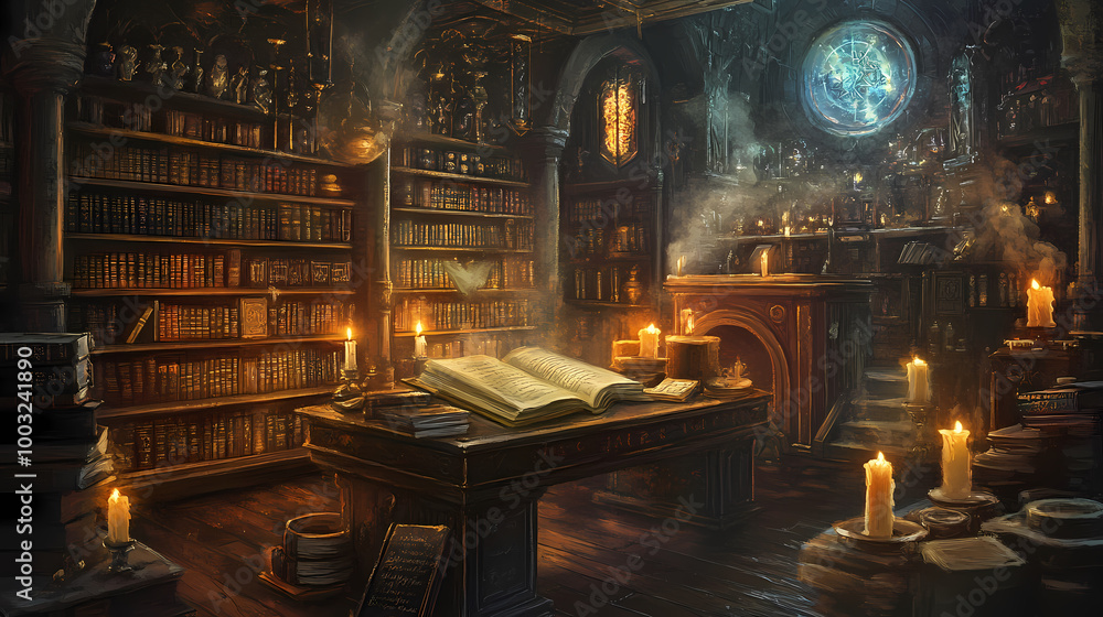Ancient tomes and mystical manuscripts hover mid-air, surrounded by candlelit shelves and mystical artifacts, in a quaint, dimly lit magical academy study chamber. Magic Academy. Illustration Ancient tomes and mystical manuscripts hover mid-air, surrounded by candlelit shelves and mystical artifacts, in a quaint, dimly lit magical academy study chamber. Magic Academy. Illustration